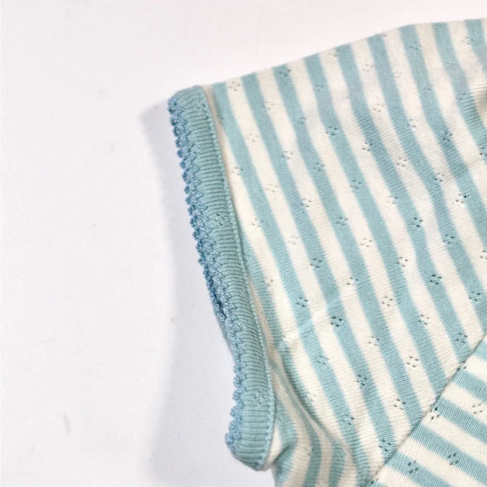 Mini Boden Girls Pointelle Striped Short-Sleeve Tee in Light Blue and White